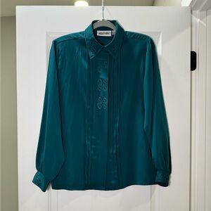 VTG Yves St. Clair Button Up Blouse Women Size 10 Emerald Green 80s Collar Shirt